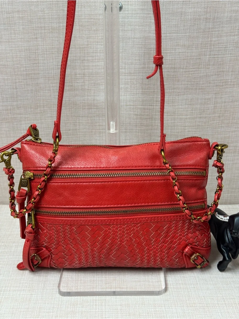 Red Woven Leather Crossbody Bag with Chain-Trim Strap
